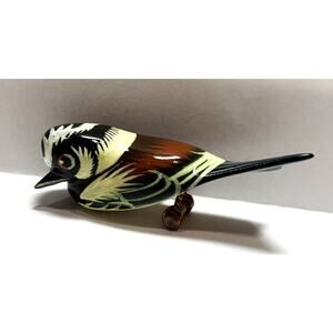 Takahashi Chickadee Bird Pin Brooch Carved Japanese 3" Long Excellent Condition